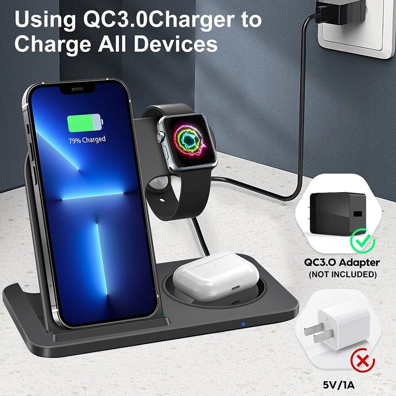Carregador por Indução 3 em 1 para iPhone 14 13 12 11, AppleWatch e AirPods