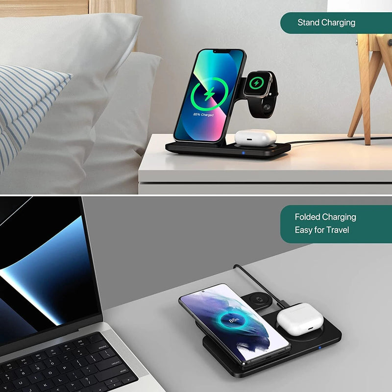 Carregador por Indução 3 em 1 para iPhone 14 13 12 11, AppleWatch e AirPods