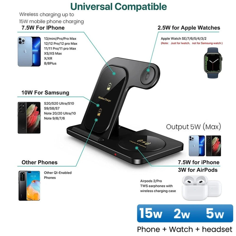 Carregador por Indução 3 em 1 para iPhone 14 13 12 11, AppleWatch e AirPods
