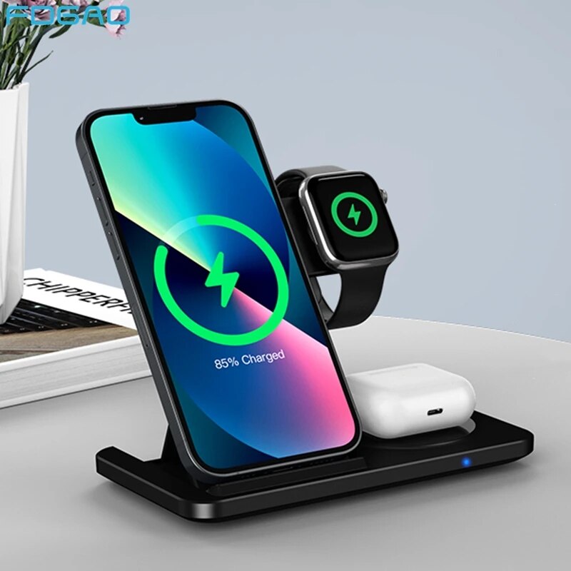 Carregador por Indução 3 em 1 para iPhone 14 13 12 11, AppleWatch e AirPods